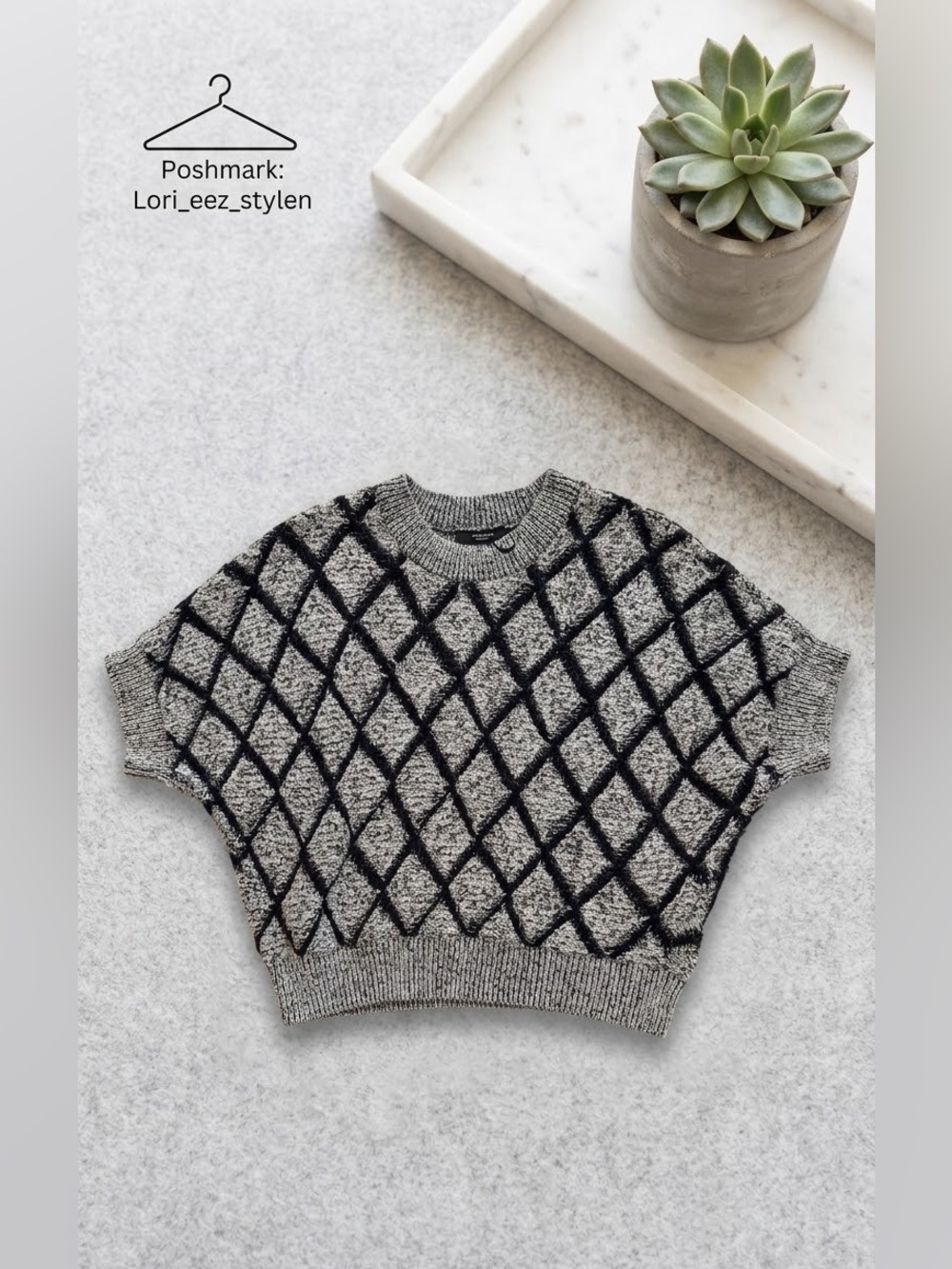 Halogen Gray & Black Diamond-Pattern Short-Sleeve Crewneck Sweater